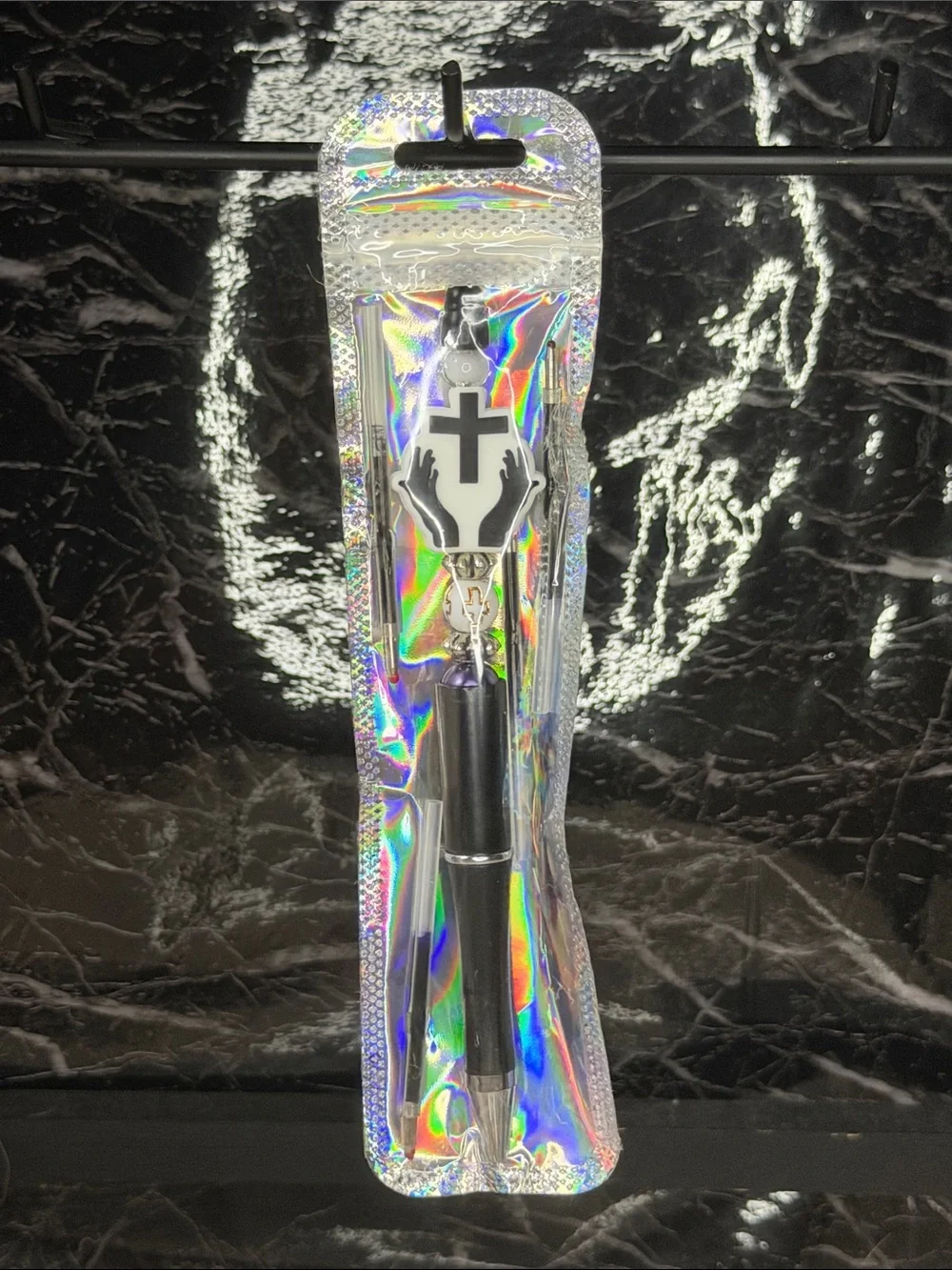 Black Cross Focal Bead Pen  Black and Blue Ink